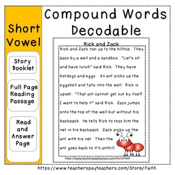 Preview of Short Vowel, Compound Words Decodable Reading Packet