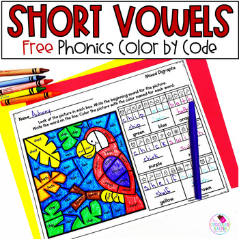 Preview of Short Vowel Phonics Worksheets - CVC - Blends - Digraphs - Color by Code - FREE