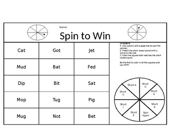 Preview of Short Vowel Spinner Game