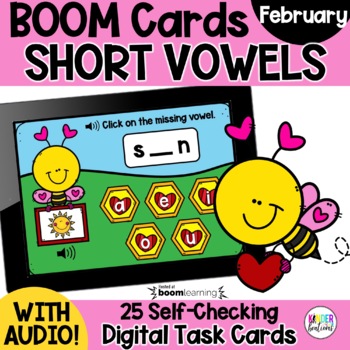 Preview of Short Vowel Valentine Boom Cards ™ | Digital Task Cards | Find the Missing Vowel