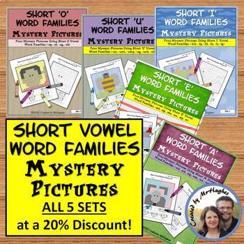 Preview of Short Vowel Word Families Mystery Pictures BUNDLE