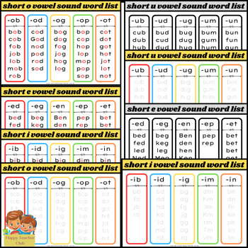 Short Vowel Word Family Lists by Happy Teacher Club 18 | TPT