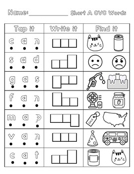 Preview of Short Vowel Word Worksheet Bundle (CVC: A, E, I, O, U) Tap It, Write It, Find It