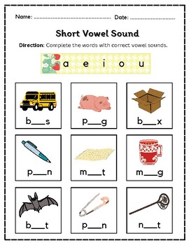 Short Vowel Words and Picture Matching Worksheets ( a, e, i, o, u )