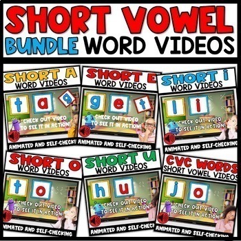 Preview of Short Vowels CVC Animated Videos Activities A E I O U  1st Grade Phonics Review