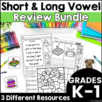 Preview of Short Vowels & Long Vowels Sounds Review Worksheets Recognition Practice Bundle