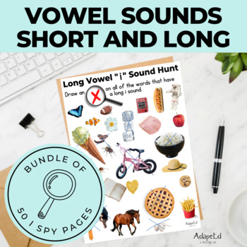 Preview of Short and Long Vowel Sound Hunt Worksheets Bundle I Spy 50 Printable Worksheets