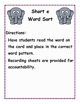 Short E Word Sort With Elephants By Two Teaching Girls Tpt