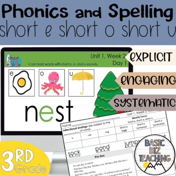 Preview of Short e short o short u digital and print phonics and spelling lessons