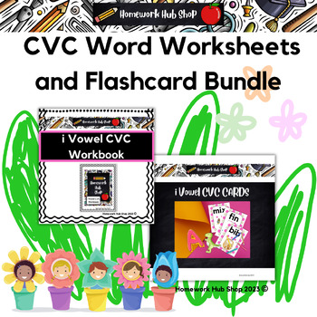 Preview of Short i Vowel CVC Workbook Black and White version and CVC Picture Word Cards