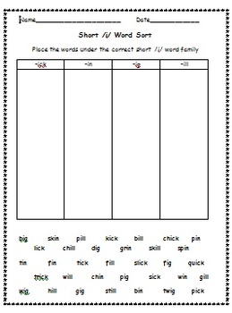 Short i Word Sort by Patty Chirumbolo | TPT