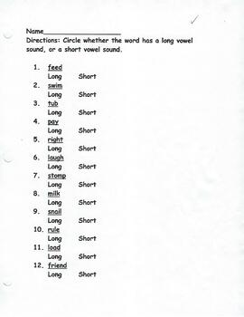 Preview of Short or Long Vowel Sound in Word