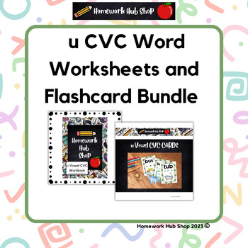 Preview of Short u Vowel CVC Workbook Black and White version and CVC Picture Word Cards