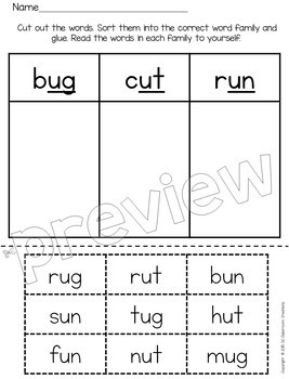 Short u Word Families Word Work by SC Classroom Creations | TpT