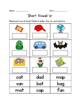 Short vowel 'a' cut & paste activity by Miss Inpired | TPT