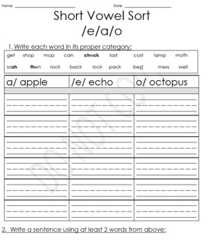 Preview of Short vowel sorts (editable .docx)