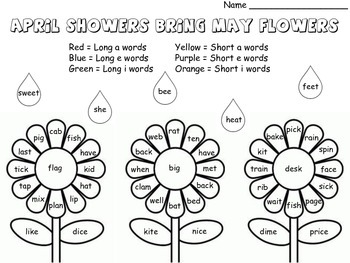 shortlong vowels read and color april may spring theme