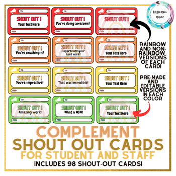 Preview of Shout Out Complement Cards For Students or Staff Rainbow EDITABLE - PBL / PBIS