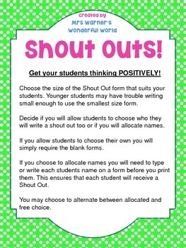 Classroom Management - Positive Behavior - Shout Out Forms