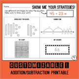 Show Me Your Math Strategies! Customizable Addition/Subtra
