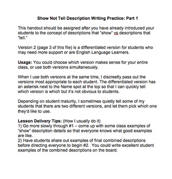 Show Not Tell Description Writing Part 1 by Suzanne Wallace | TPT