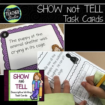 Preview of Show Not Tell Descriptive Writing Practice Task Cards for Grades 3-5