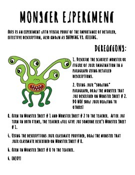 Preview of Show Not Tell Monster Experiment Writing Activity