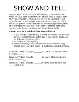Preview of Show & Tell Letter to Parents (editable)