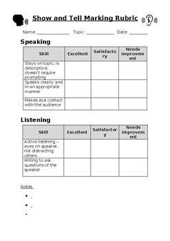 Preview of Show & Tell/Speaking & Listening Marking Rubric