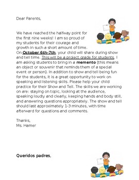 Preview of Show and Tell Parent Letter (spanish version available)