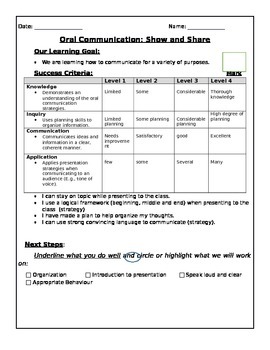 Preview of Show and share,Ontario oral communication rubric