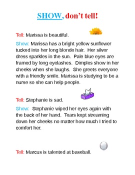 Preview of Show, don't tell character description samples and worksheet