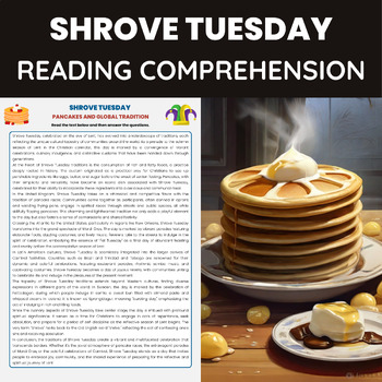 Preview of Shrove Tuesday Traditions Around the World Reading Comprehension Worksheet