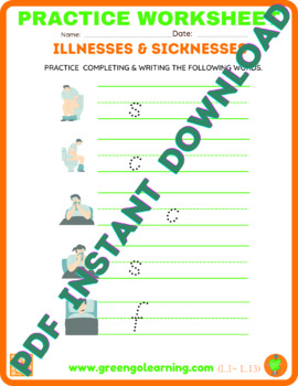 Preview of Sickness & Illnesses / ESL PRACTICE WORKSHEET / Level I / Level 13 - (easy task)
