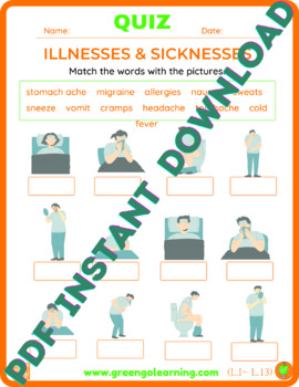 Preview of Sickness & Illnesses / ESL QUIZ / Level I / Lesson 13-(easy to check assessment)