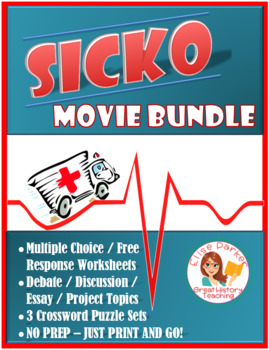 Preview of Sicko Movie Worksheets, Puzzles, and Essay/Debate/Research Prompts BUNDLE