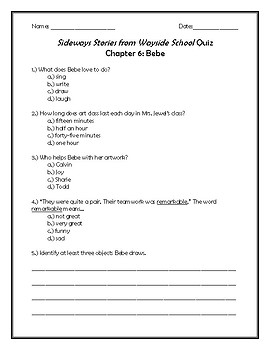 Sideways Stories From Wayside School Quiz Chapter 6 Bebe Tpt