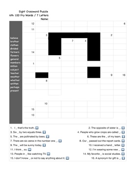 Sight Crossword Puzzle (6th 100 Fry Words / 7 Letters) by Jon Coley