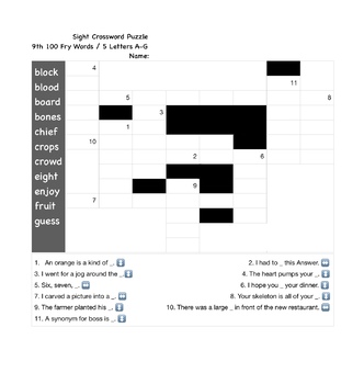 Sight Crossword Puzzle (9th 100 Fry Words / 5 Letters A-G ...