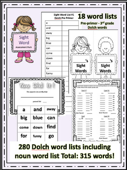 Preview of Sight Word Assessment ~ Dolch word lists
