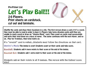 Sight Word Baseball Game- Pre Primer by Erin Bronson | TPT