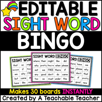 Preview of Editable Sight Word High Frequency Words Bingo Games Cards Practice for any List