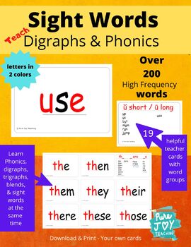 Preview of Sight Word Cards  Phonics Digraph in Dual Colored text & colored level dots