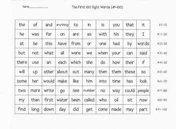 sight word chart 1 100 by terry pentz teachers pay teachers