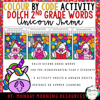 Preview of Sight Word Colour by Code - Dolch Second Grade- Unicorn Theme -Distance Learning