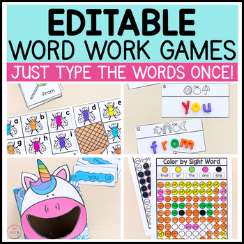 Preview of Editable Sight Word Games - Word Work Practice with Auto-fill - High Frequency