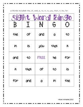 Preview of Sight Word Bingo Freebie