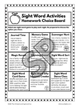 Sight Word Homework Choice Board