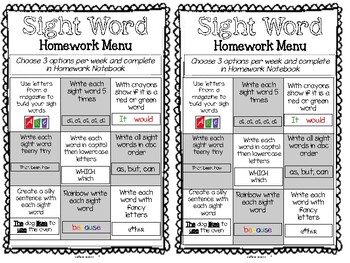 sight word homework menu