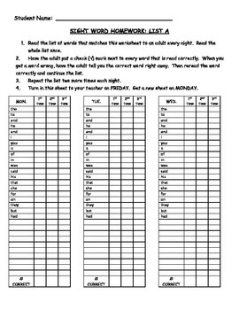 Preview of Sight Word Homework Practice